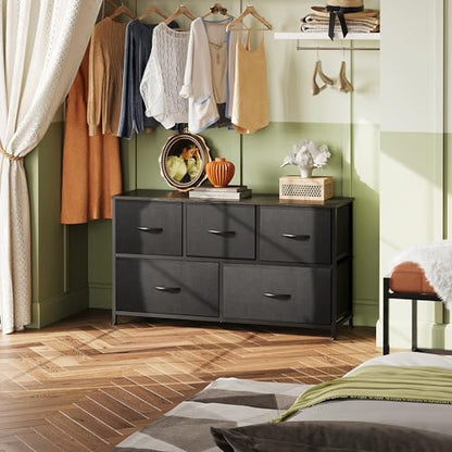 Wide Dresser for Bedroom, 5 Drawer Chest of Drawers, Charcoal Black, view 3