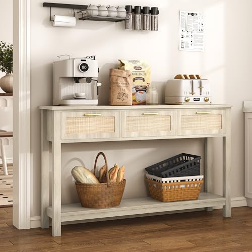 51.2" Rattan Console Tables with 3 Drawers & Shelf, Entryway Table with Storage, Hallway Table for Entry Way, Narrow Long Boho Sofa Table Behind Couch, Entrance Entry Living Room, Natural Wood