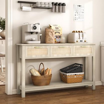 51.2" Rattan Console Tables with 3 Drawers & Shelf, Entryway Table with Storage, Hallway Table for Entry Way, Narrow Long Boho Sofa Table Behind Couch, Entrance Entry Living Room, Natural Wood