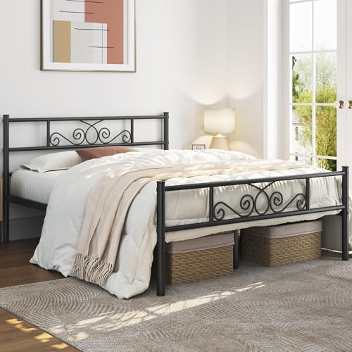 Full Metal Bed Frame with Scroll Headboard and Footboard Black, view 4
