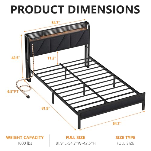 Full Size Bed Frame with Storage Shelf and Upholstered Headboard, view 3