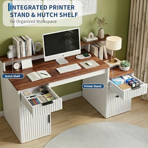 Home Office Computer Desk with Hutch & Printer Shelf, Brown & White, view 7