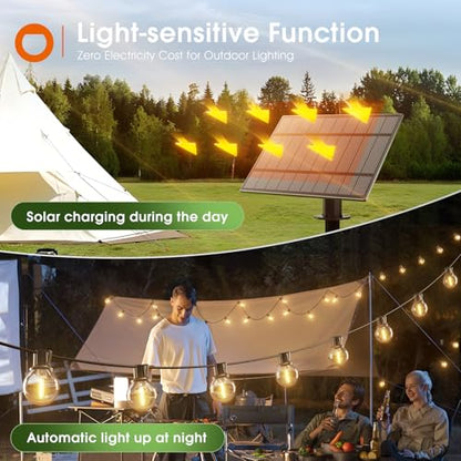 56FT(50+6) Solar String Lights Outdoor with Remote, 27 Shatterproof G40 Bulbs, Solar Powered & USB Charging Patio Lights, Dimmable Waterproof Solar String Lights for Outside, Camping, Backyard