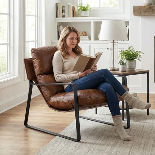 Mid-Century Accent Chair Armchair, Comfy PU Leather Leisure Chair Lazy Chair with Metal Leg for Living Room Bedroom Office Apartment, Brown