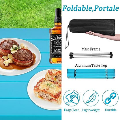 Portable Camping Table with Aluminum Table Top, Folding Beach Table Easy to Carry, Prefect for Outdoor, Picnic, BBQ, Cooking, Festival, Beach, Home (Deep Blue-S)