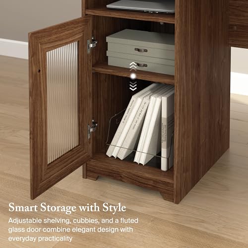 Cabot 60W L Shaped Computer Desk with Storage in Modern Walnut, 60-inch Corner Table with Drawers for Home Office Workspace