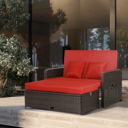 Moccha Outdoor Daybed, Wicker Loveseat Sofa Set with 4-Postion Adjustable Backrest, Storage Ottoman, Cushions, Rattan Double Bed Lounger, Patio Furniture Set (Red)