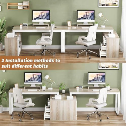 55" L Shaped Desk with Drawers and Shelves, Home Office Desk with Monitor Stand for Work Writing Study, Reversible Corner Desk with Storage, White and Walnut