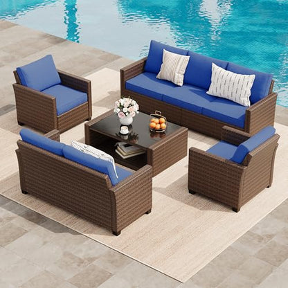 5 Pieces Patio Furniture Set, 7-Seater Rattan Wicker Patio Conversation Sets with Coffee Table, Outdoor Sectional Patio Sofa Set, Brown Rattan and Blue Cushions