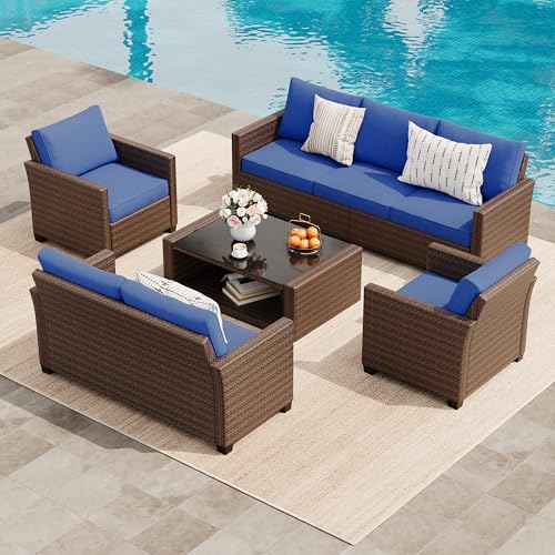 5 Pieces Patio Furniture Set, 7-Seater Rattan Wicker Patio Conversation Sets with Coffee Table, Outdoor Sectional Patio Sofa Set, Brown Rattan and Blue Cushions
