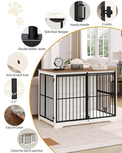 XXL Large Dog Crate Furniture, 46.9" Indoor Dog Kennel Furniture with Barn Door, Wooden Tall Dog Crate, Heavy Duty Dog Cage for Large Dogs, Side End Table, Anti-Chew, White Brown DFC83814B