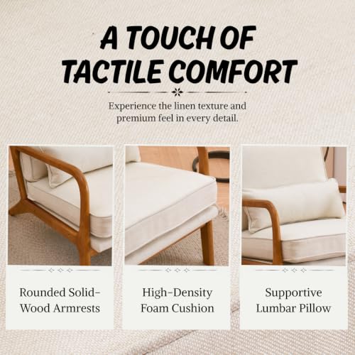 Beige Linen Upholstered Accent Chairs with Solid Wood Frame and Lumbar Pillow, view 6