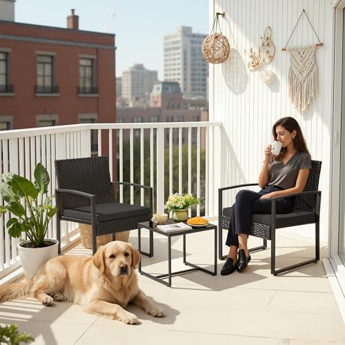 3 Piece Wicker Conversation Bistro Sets Outdoor Patio Set Modern Rattan Chair Furniture Sets with Coffee Table for Yard Garden Porch Lawn (Black)