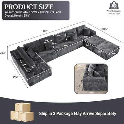 177'' Cloud Couch, Comfy Fluffy Oversized Modular Sectional Couches for Living Room, 8 Seater Modern Plush Corduroy Large Boneless Couch with Ottoman, Deep Seat, No Assembly Required, Dark Grey