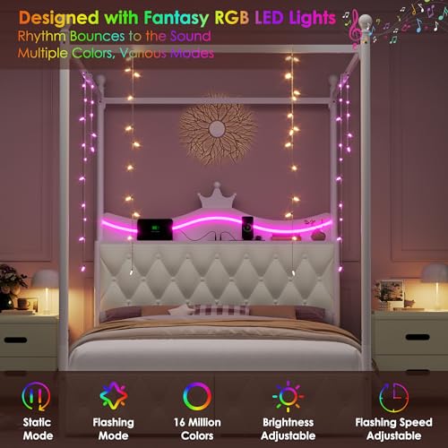 Full Size Upholstered LED Canopy Bed Frame with Charging Station and Drawer, view 4