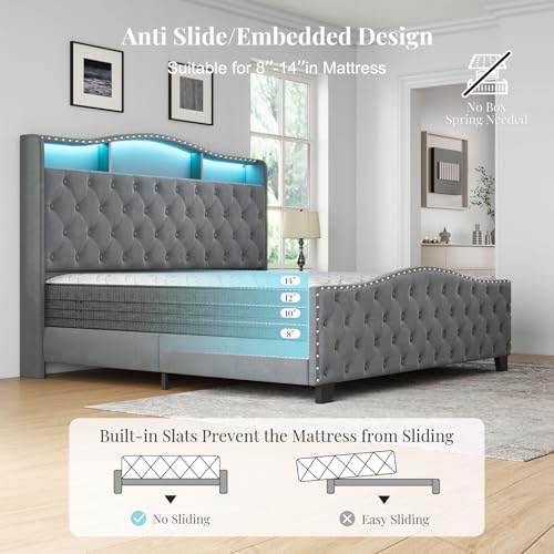 Platform Bed Frame with 50.9" LED Headboard, King Grey, view 6