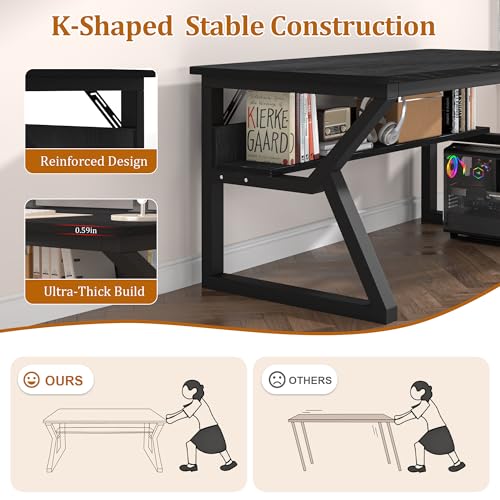 47 inch Computer Desk with Storage Shelf, K-Shaped Office Desk with Sturdy Metal Frame, Writing Gaming Work Desk with Waterproof Surface for Home Office & Bedroom, Black