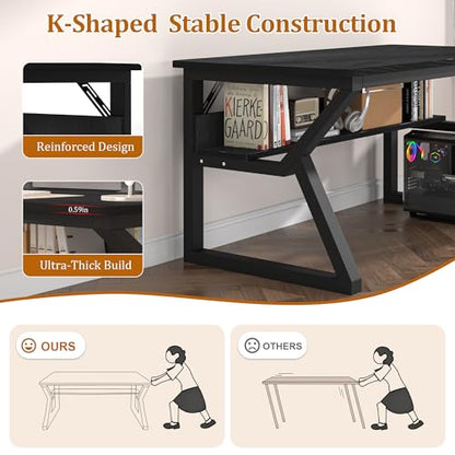 47 inch Computer Desk with Storage Shelf, K-Shaped Office Desk with Sturdy Metal Frame, Writing Gaming Work Desk with Waterproof Surface for Home Office & Bedroom, Black