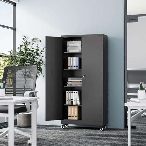 Metal Rolling Storage Cabinet-74.6” Tall Steel File Cabinets with Wheels Lockable Doors and Adjustable Shelves-Black Steel Storage Cabinet for Home, School, Office, Garage