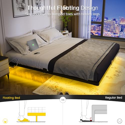 Metal King Size Bed Frame with LED Lights and Charging Station, view 4
