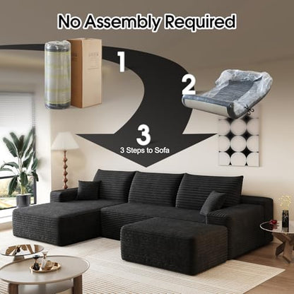 107" Comfy U-Shaped Sectional Modern Boneless Corduroy Couch with Chaise ‌and Ottoman‌ - No Assembly Required! Deep-Seat, Upholstered Modular Cloud Sofa for Living Room, Plush Corduroy Fabric(Black)