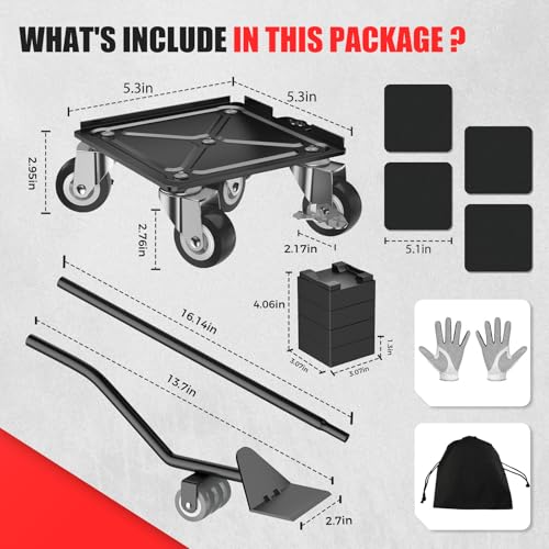 Heavy Duty Furniture Dolly Set with 5 Wheels, Furniture Movers with Lifter Tool, Carbon Steel Moving Sliders for Sofa Refrigerator Cabinet, 360° Rotating Casters, Black, 5.3 Inch