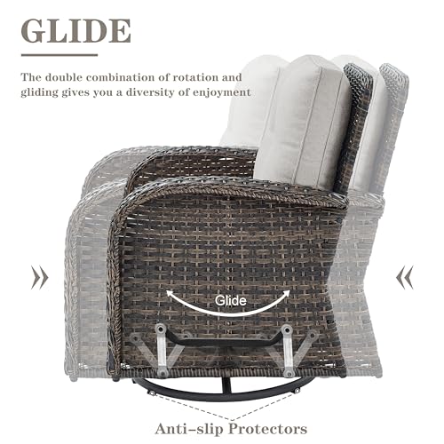 Patio Furniture Swivel Glider PE Wicker Chairs, Outdoor Swivel Rocker Seating with Cushions for Porch Deck Balcony, Brown/Beige