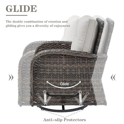 Patio Furniture Swivel Glider PE Wicker Chairs, Outdoor Swivel Rocker Seating with Cushions for Porch Deck Balcony, Brown/Beige