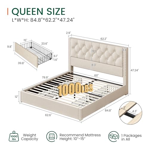 Queen Size Bed Frame with 4 Storage Drawers and Tufted Headboard Linen, view 3