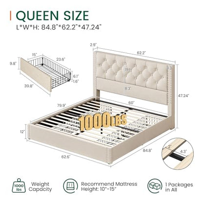 Queen Size Bed Frame with 4 Storage Drawers and Tufted Headboard Linen, view 3