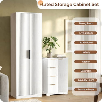 Fluted Sideboard Buffet Cabinet, Modern White Wood Storage Console with Doors and Drawers, Multi-Function Storage Cabinet for Living Room, Dining Room, Kitchen, White