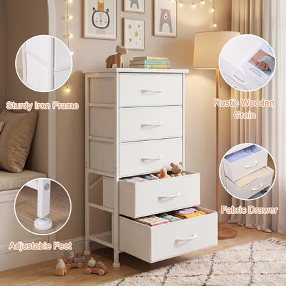 Tall Skinny Dresser with 5 Fabric Drawers, Narrow Dresser, White, 33.8in height, view 5