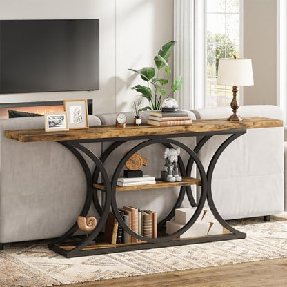 63 in Console Table for Entryway, 3-Tier Sofa Table, Brown/Black | Behind Couch Table with Metal Frame, Low Storage Shelves for Hallway, Living Room, Rustic Industrial Style