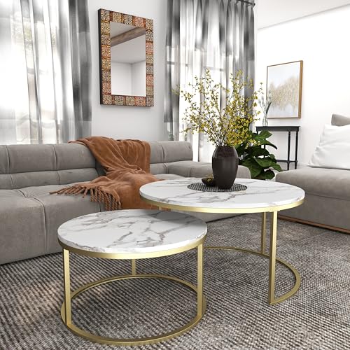 Nesting Coffee Table Set of 2, 31.5" Round Coffee Table Wooden Marble Pattern Accent Furniture, Industrial End Table for Living Room Bedroom Balcony (White/Gold)