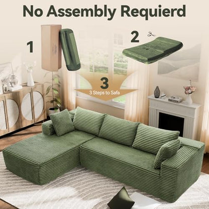 106" Modular Sectional Sofa, Green Corduroy Cloud Couch with Right Chaise, Deep Seat Boneless Floor Sofa for Living Room, High-Resilience Foam Support, No Assembly Required, Includes Pillows | Sectional Sofa