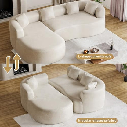 111" Oversized Sectional Sofa with Left-Facing Chaise for Living Room, Modern Luxury Chenille 4-Seater Couch Extra Deep Seat L-Shape Curved Cloud Couch with 4 Throw Pillows, White