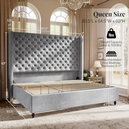 Queen Bed Frame with 63" Tall Wingback Headboard, Grey, view 3
