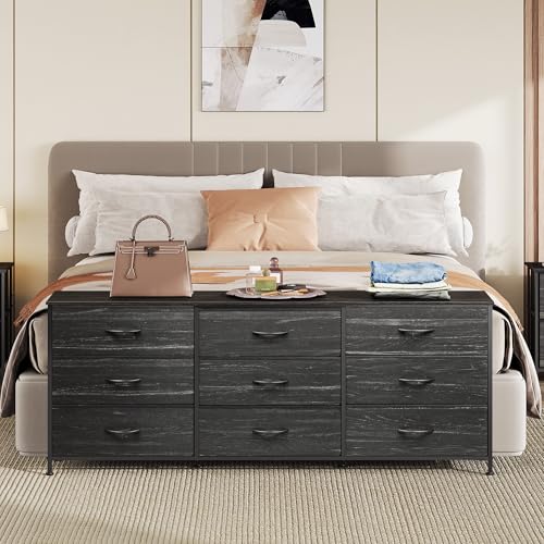 Dresser TV Stand for 75 Inches TV, 9 Fabric Drawers, Black Wood Grain, view 3