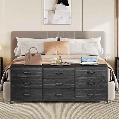 Dresser TV Stand for 75 Inches TV, 9 Fabric Drawers, Black Wood Grain, view 3