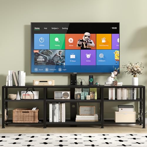 TV Stand with Mount and Power Outlet, Height Adjustable Entertainment Center with Storage Shelves for 55/65/70/75/80 inches Televisions, Console Table for Living Room, Bedroom, Matte Black
