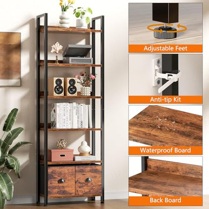 6-Tier Bookshelf, Tall 71" Rustic Bookcase with 2 Drawers Storage Organizer, Industrial Display Free Standing Shelf Units, Wood and Metal Storage Rack for Home Office, Bedroom, Rustic Brown | Bookcase