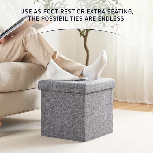 Folding Storage Ottoman, 15 Inch Storage Cube with Lid, Foot Rest Stool for Bedroom, Living Room, Entryway, Tufted Linen Upholstered - Gray