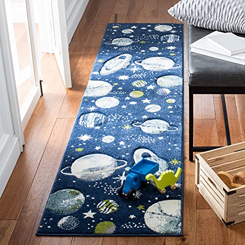 SAFAVIEH Carousel Kids Collection Area Rug - 2'3" x 6' Runner, Navy/Ivory, Geometric Design, Ideal for High Traffic Areas in Living Room, Bedroom, Dining (CRK103N)