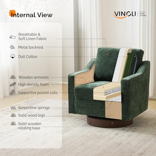 Mid-Century Modern Swivel Accent Chair, 360°Upholstered Armchair, Home Sofa with Track Arms for Living Room, Bedroom, Reading Room, Club Swivel Chair,Chenille Green