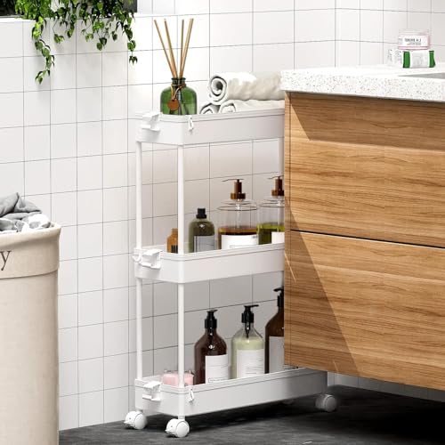 Slim Rolling Storage Cart, 3 Tier Bathroom Cart Organizer,White, view 6
