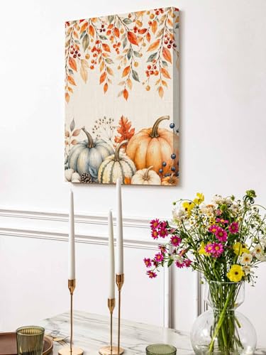 NuYeBiofx Thanksgiving Autumn Pumpkins Canvas Wall Art Prints,30"x20" Framed Picture Artwork Hanging Palm Foliage Printed Canvas Oil Painting for Living Room Bedroom Office,Ready to Hang
