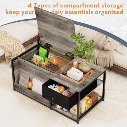 Coffee Table with Storage, Rectangular Coffee Tables for Living Room, Farmhouse Coffee Table with Hidden Storage Compartment and Adjustable Shelves, Grey Wash