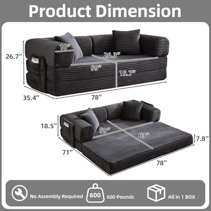 81 Inch Convertible Futon Sofa Bed,Fold Out Floor Sofa Couch with Fixed-Shape Frame,Corduroy Foldable Mattress Pull-Out Couches for Living Room (Dark Grey)