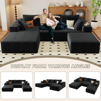 96" Cloud Sectional Couch with U-Shaped Chaise, Corduroy Sectional Sofa with Ottoman, Boneless Couch with Deep Seat in a Box for Living Room, No Assembly Required (Black, Left Facing Chaise)