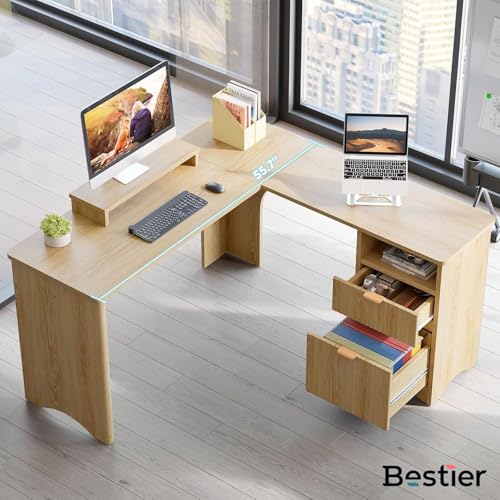 55" L Shaped Desk with Monitor Stand & File Drawer, Natural Oak, view 7